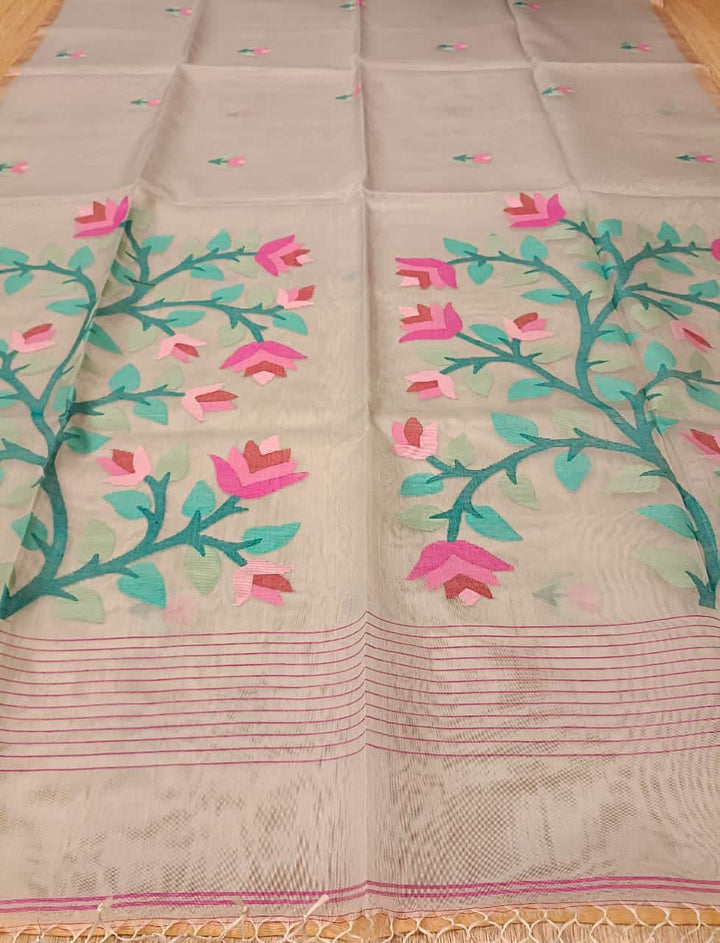 Light Pastel Grey, handwoven Muslin Silk Jamdani saree Balaram Saha