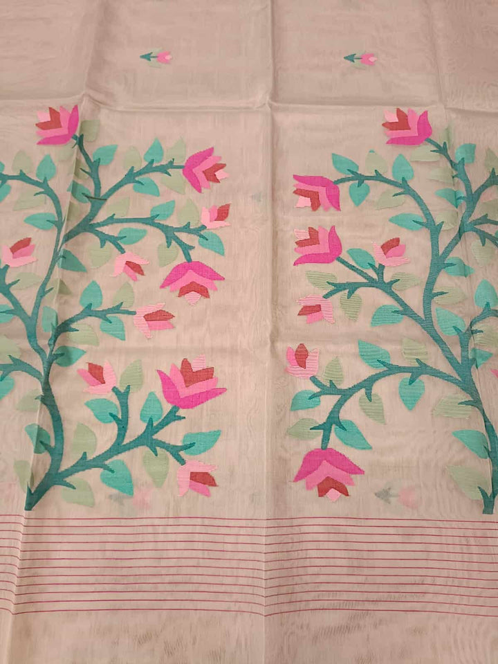 Light Pastel Grey, handwoven Muslin Silk Jamdani saree Balaram Saha