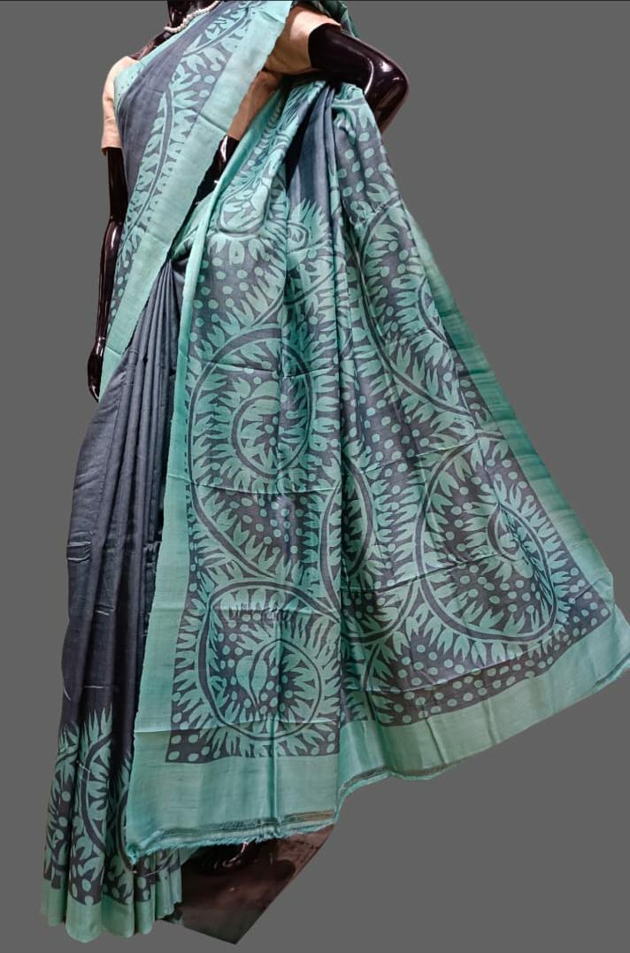 Greyish Blue & Aqua Green Tussar silk paisley print saree Balaram Saha