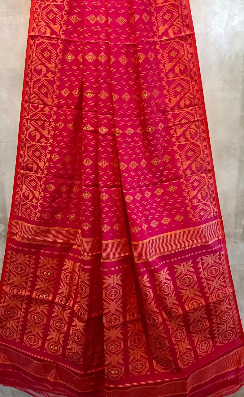 Pinkish Red and orange,  silk by cotton handloom Jacquard Jamdani Saree Balaram Saha