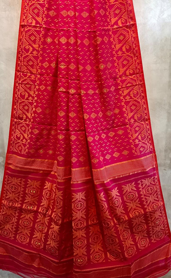 Pinkish Red and orange,  silk by cotton handloom Jacquard Jamdani Saree Balaram Saha