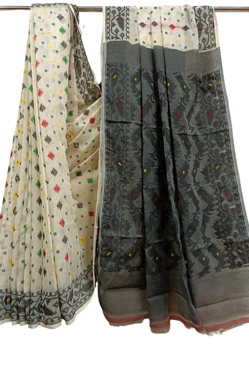 Off-White & Black Soft Handloom Jacquard Jamdani saree, Balaram Saha