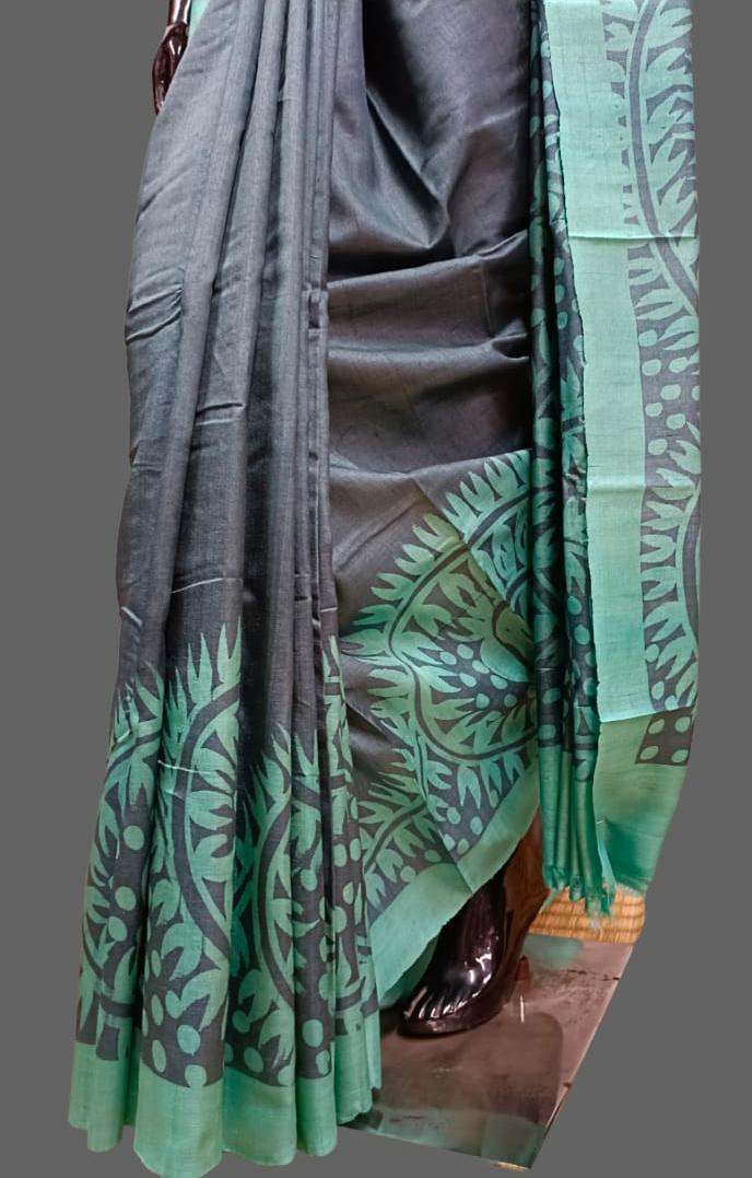 Greyish Blue & Aqua Green Tussar silk paisley print saree Balaram Saha