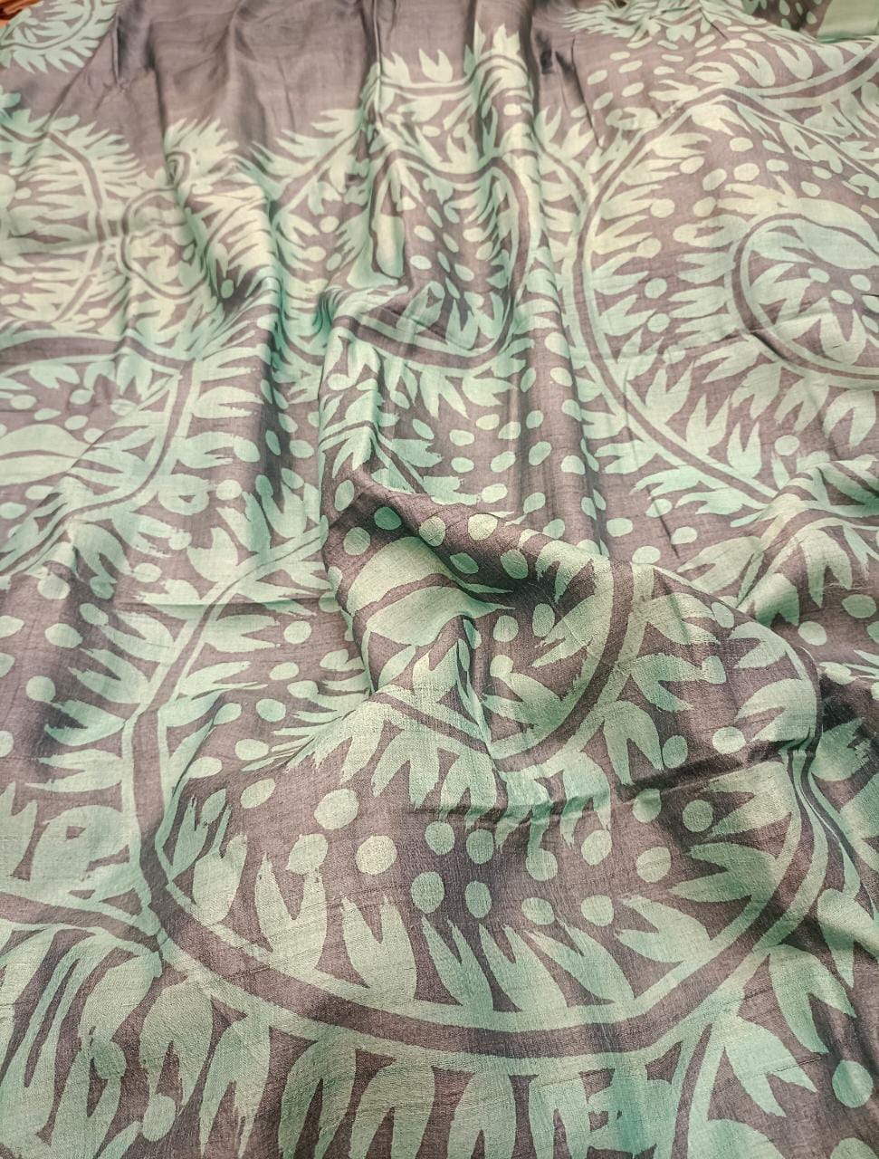 Greyish Blue & Aqua Green Tussar silk paisley print saree Balaram Saha