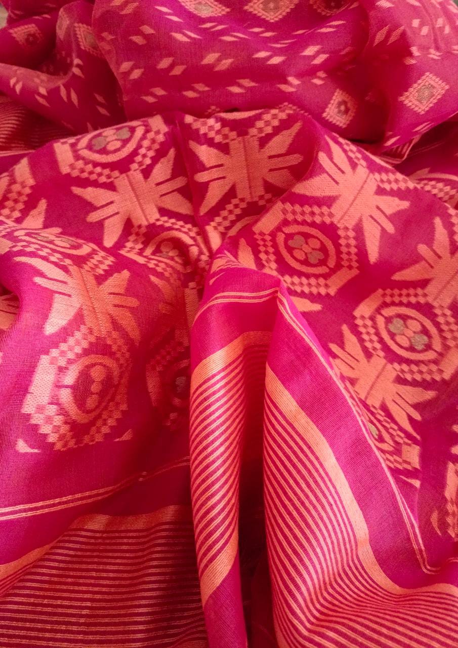 Pinkish Red and orange,  silk by cotton handloom Jacquard Jamdani Saree Balaram Saha
