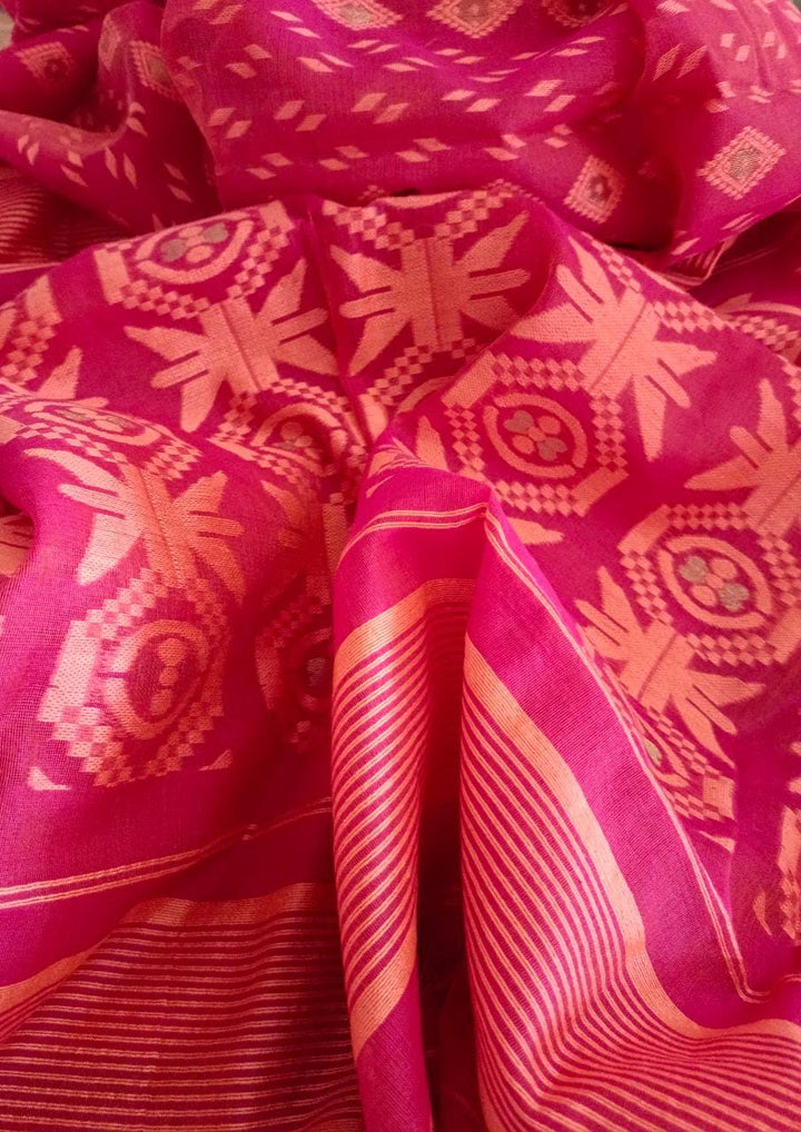 Pinkish Red and orange,  silk by cotton handloom Jacquard Jamdani Saree Balaram Saha