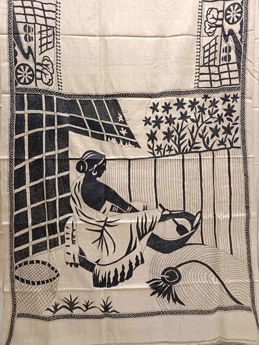 Exclusive Natural Shade & Black, Tussar Silk Kantha Saree With Black Thread Balaram Saha