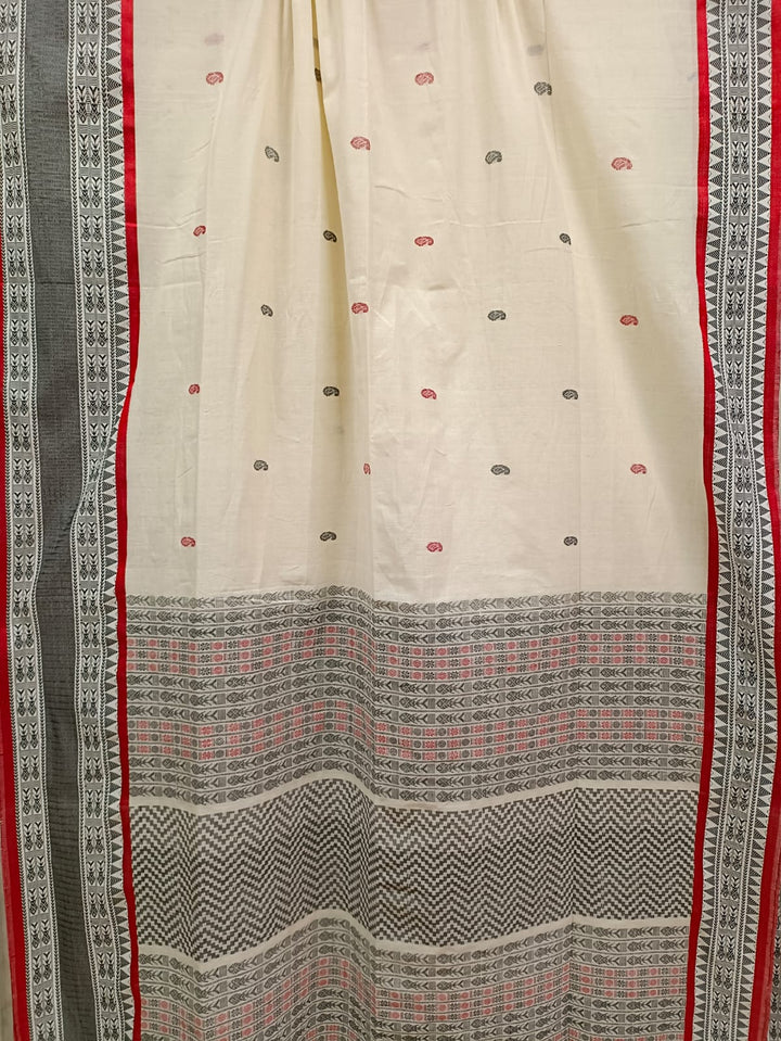White, Black & Red soft cotton handloom saree Balaram Saha