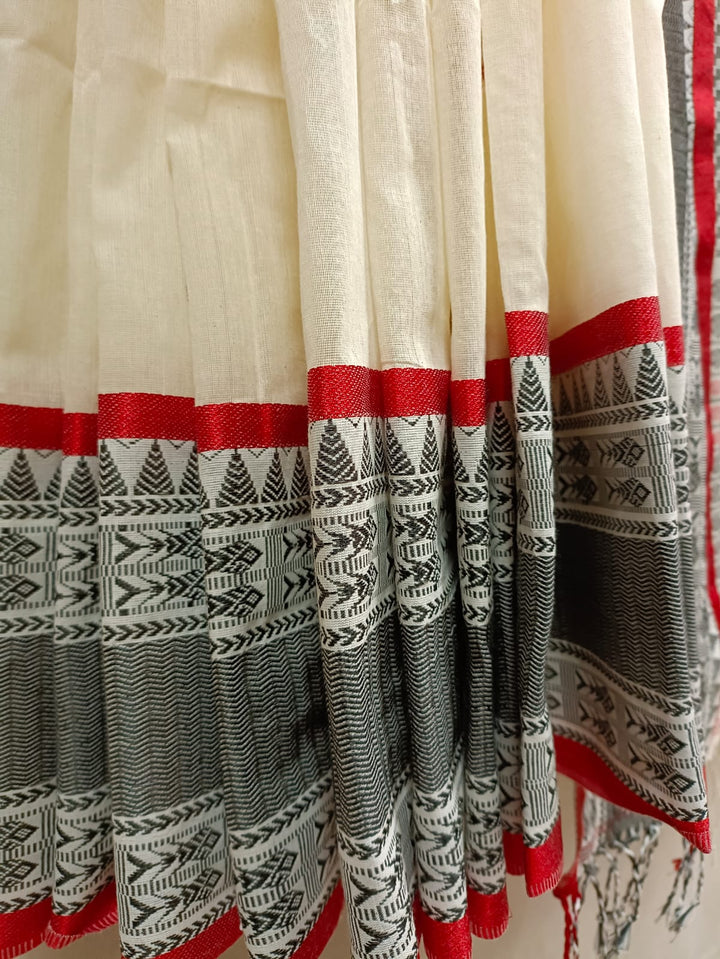 White, Black & Red soft cotton handloom saree Balaram Saha