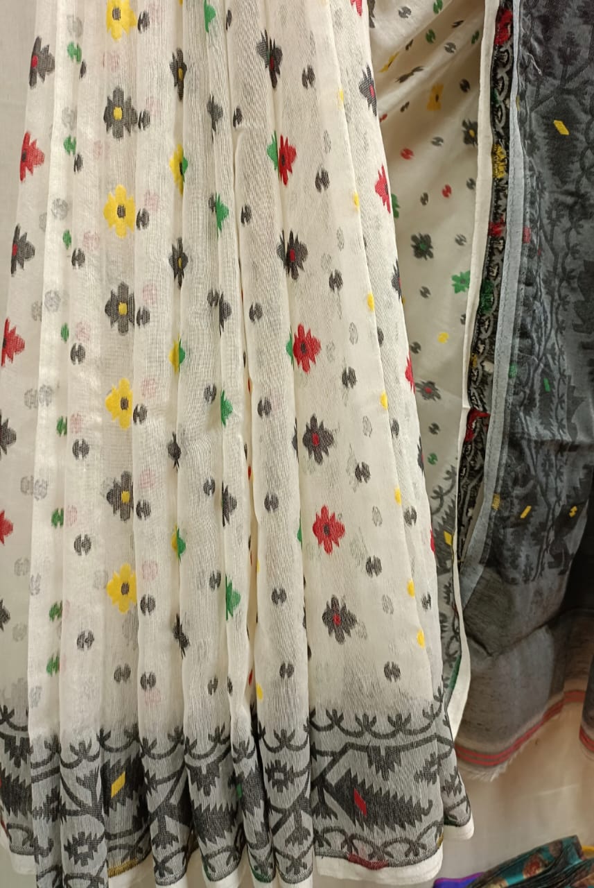 Off-White & Black Soft Handloom Jacquard Jamdani saree, Balaram Saha
