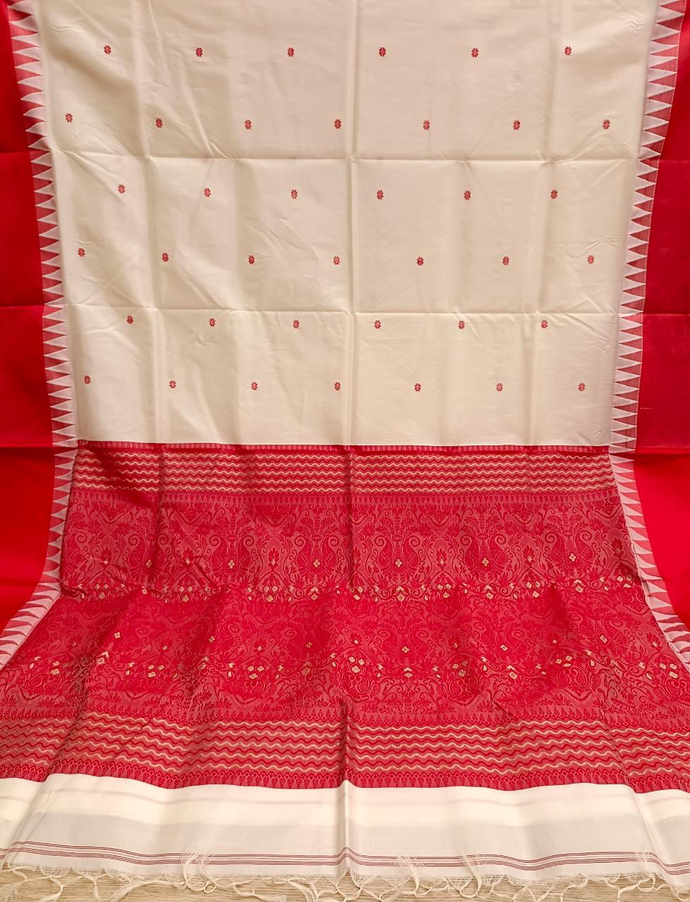 Garad Silk Saree by Balaram Saha – Traditional White & Red Satin Border Saree