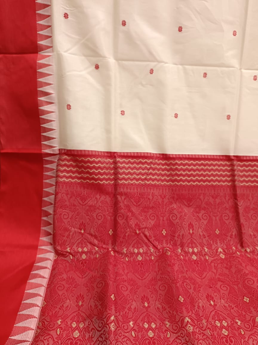 Garad Silk Saree by Balaram Saha – Traditional White & Red Satin Border Saree