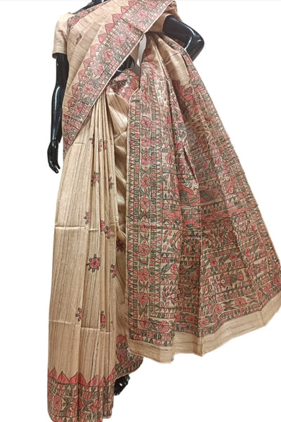 Beige - Handloom Maheshwari Saree with Ghicha Pallu Resham Border 08