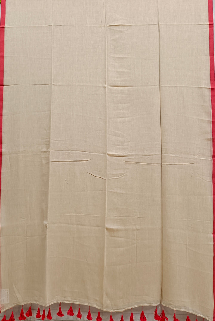 Beige & Red  Handloom Soft Mull Cotton Saree Balaram Saha