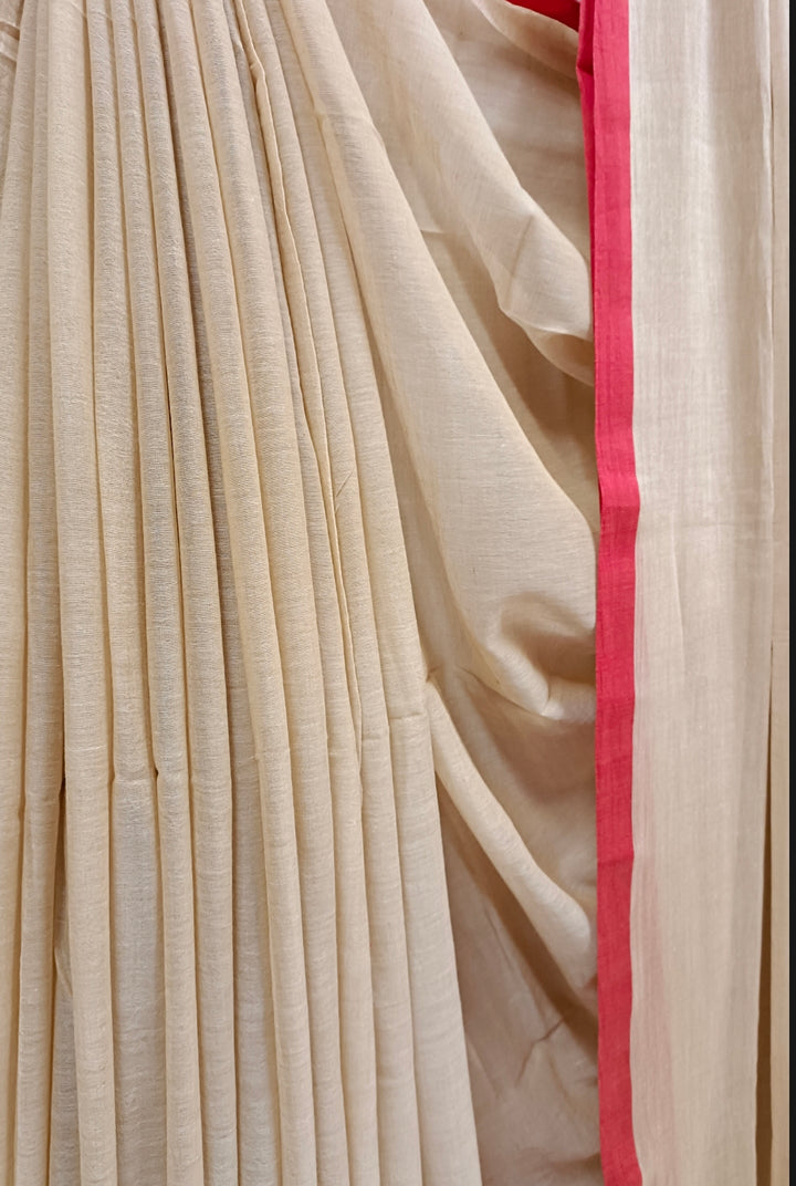 Beige & Red  Handloom Soft Mull Cotton Saree Balaram Saha