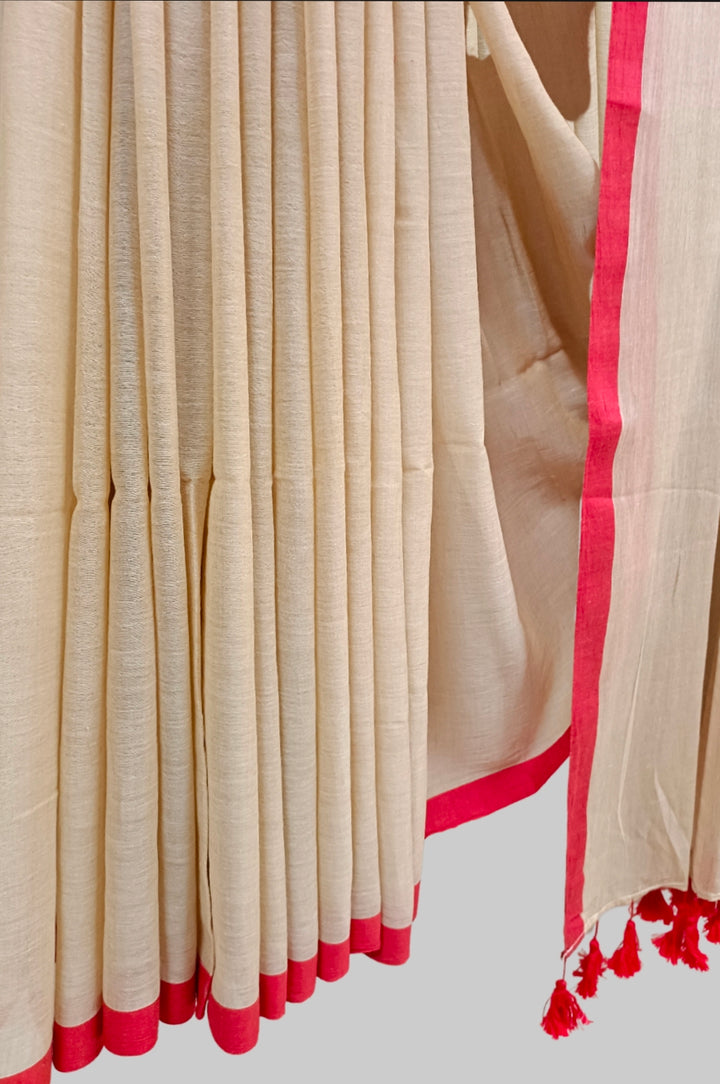 Beige & Red  Handloom Soft Mull Cotton Saree Balaram Saha