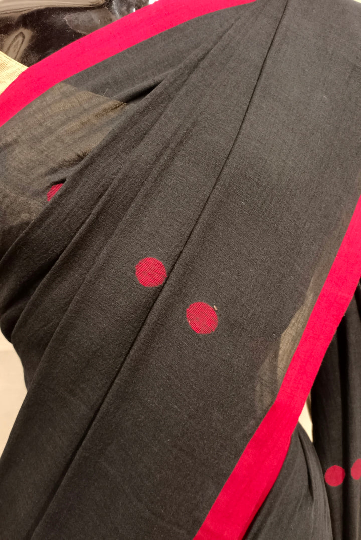 Black Handloom Cotton, Handwoven Jamdani Saree Balaram Saha