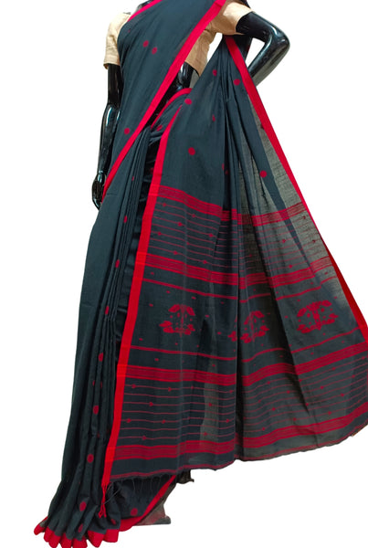 Black - Handloom Pure Mul Cotton Phulia Jamdani Saree with Tassels  20