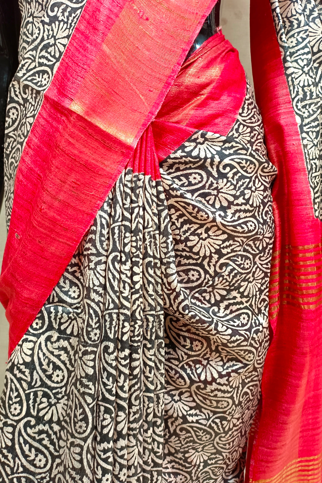 Black & Red Printed Ghicha Tussar Silk Saree Balaram Saha