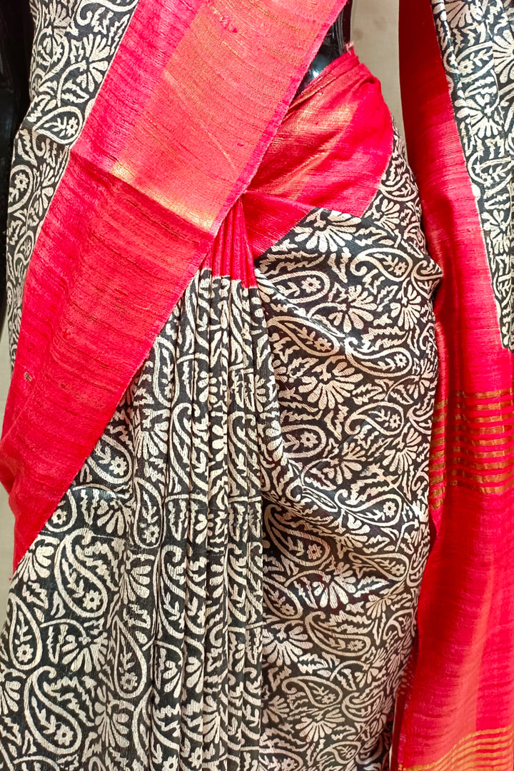 Black & Red Printed Ghicha Tussar Silk Saree Balaram Saha