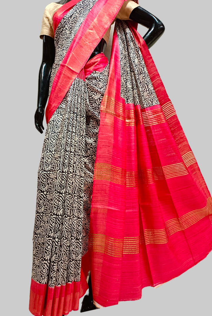 Black & Red Printed Ghicha Tussar Silk Saree Balaram Saha