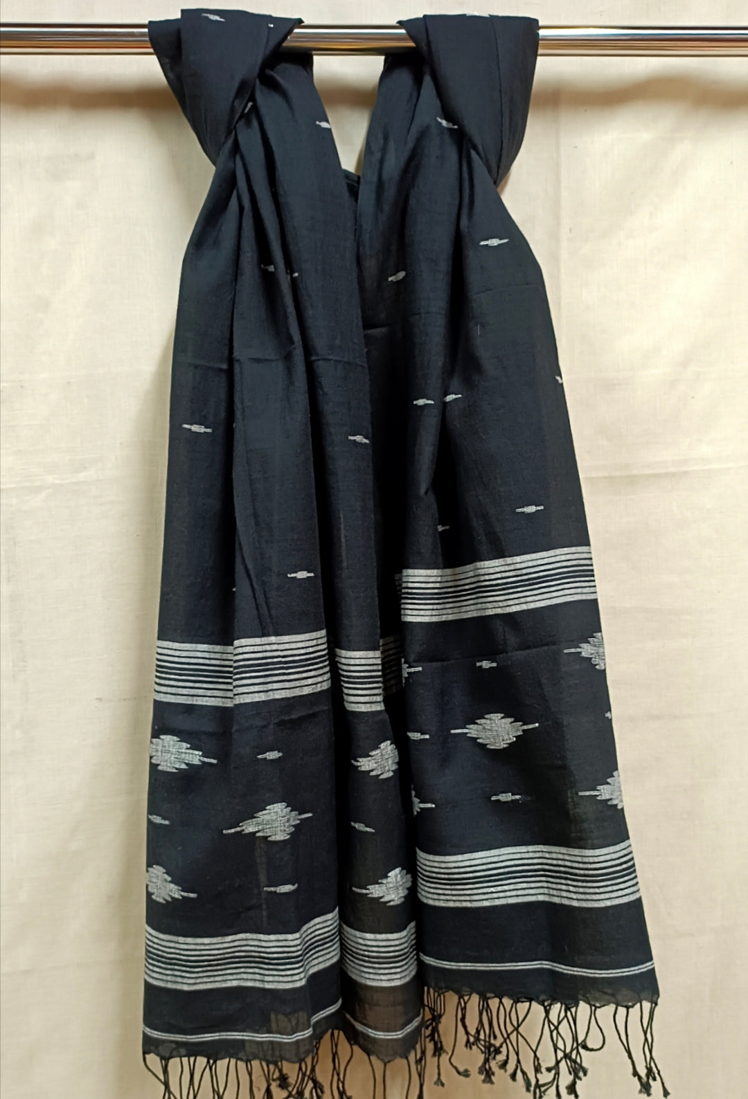 Brown - Jamdani Handloom Cotton Stole with Tassels