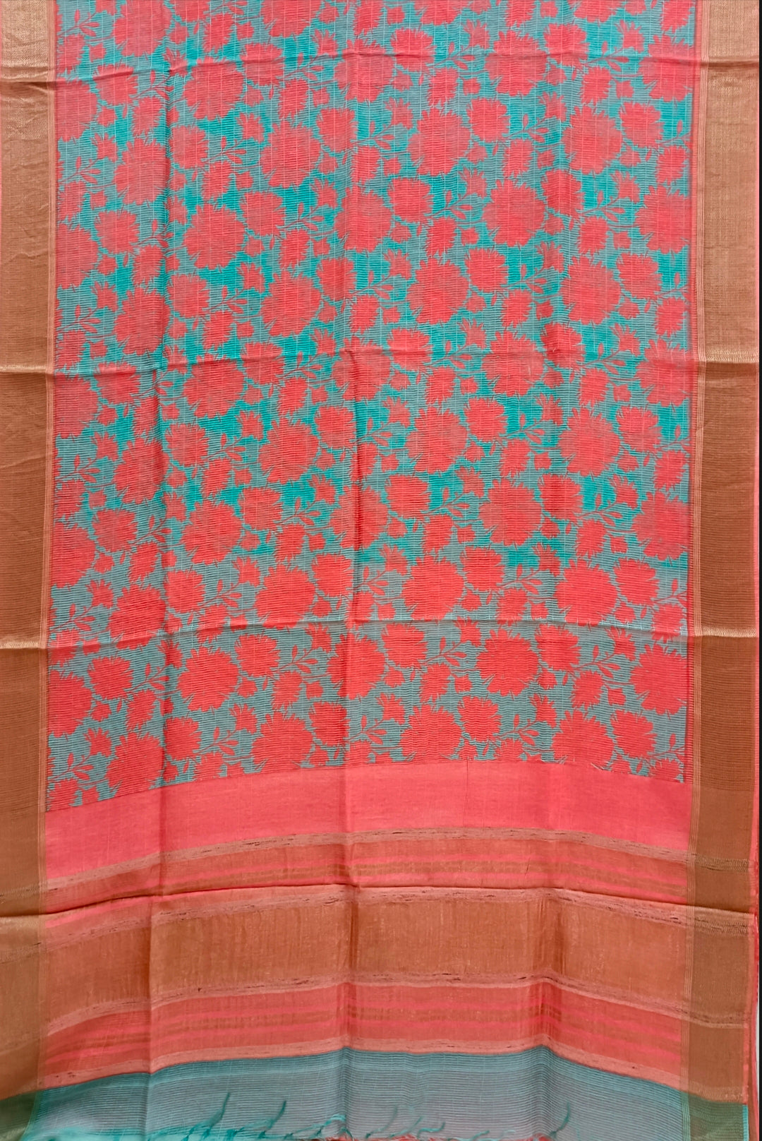 Sea-Blue & Orange Handloom Silk Printed  Saree Balaram Saha