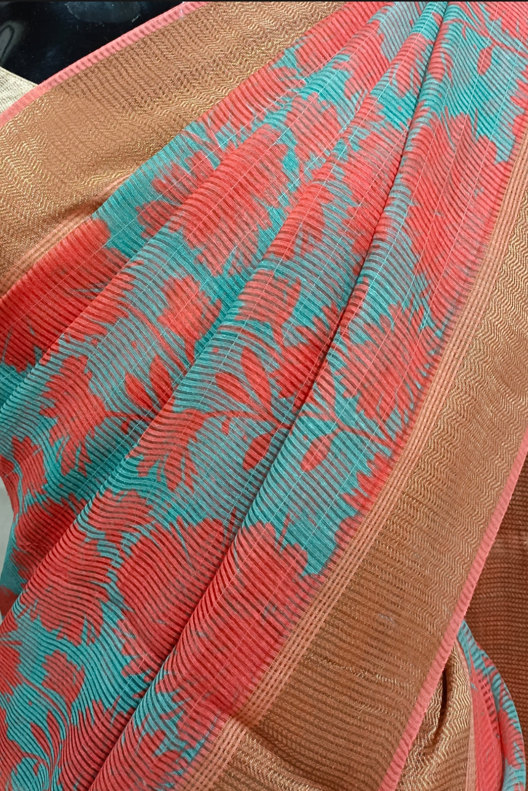 Sea-Blue & Orange Handloom Silk Printed  Saree Balaram Saha