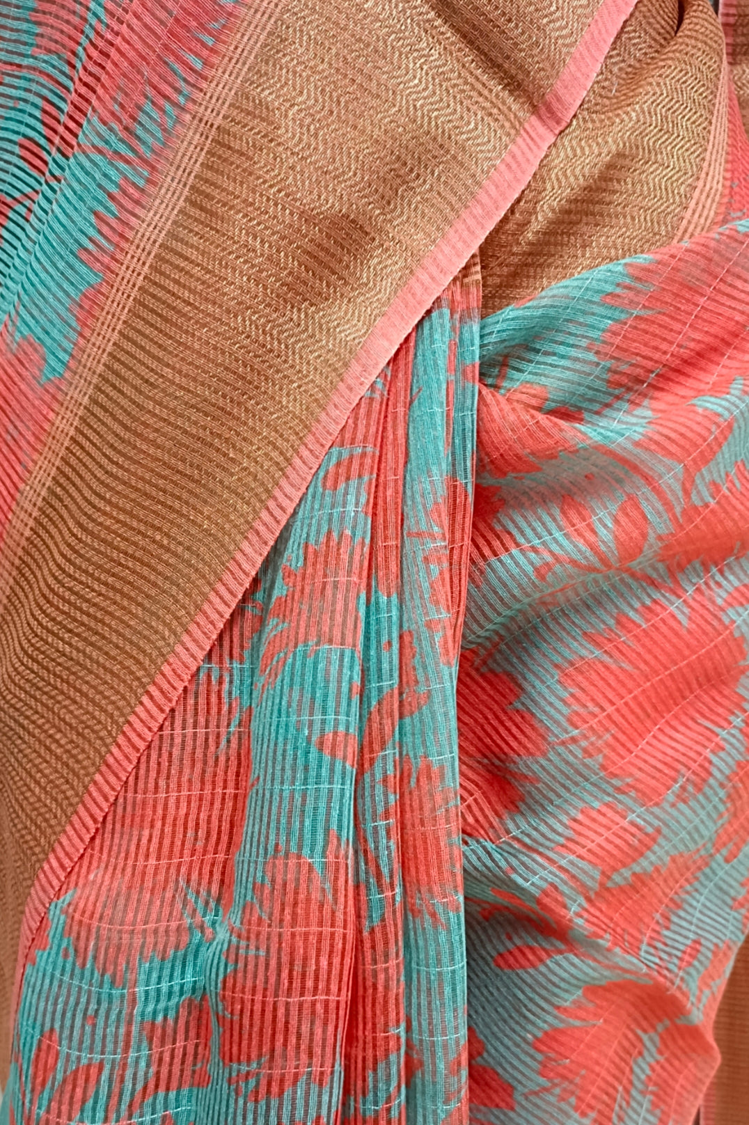 Sea-Blue & Orange Handloom Silk Printed  Saree Balaram Saha