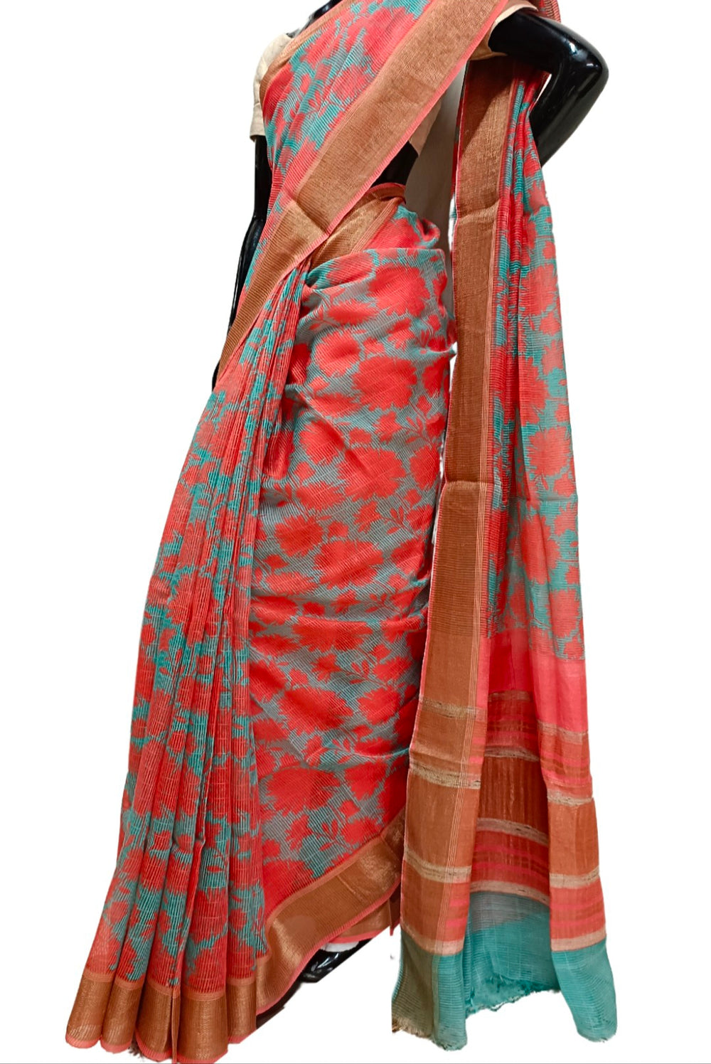 Sea-Blue & Orange Handloom Silk Printed  Saree Balaram Saha