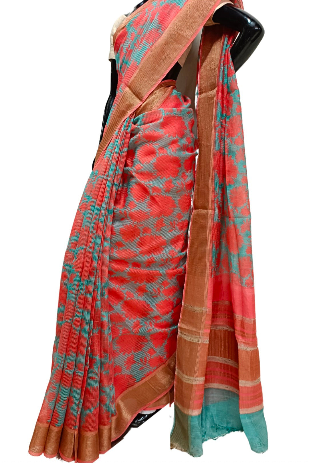 Sea-Blue & Orange Handloom Silk Printed  Saree Balaram Saha
