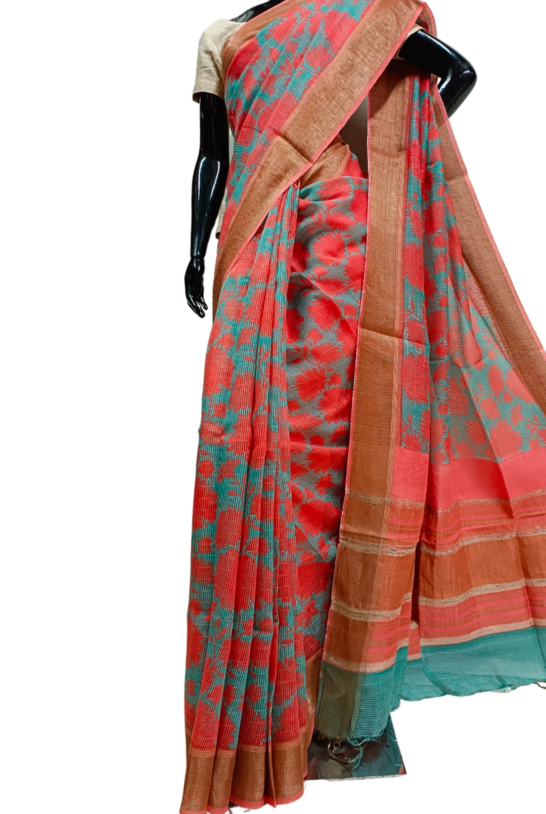 Sea-Blue & Orange Handloom Silk Printed  Saree Balaram Saha