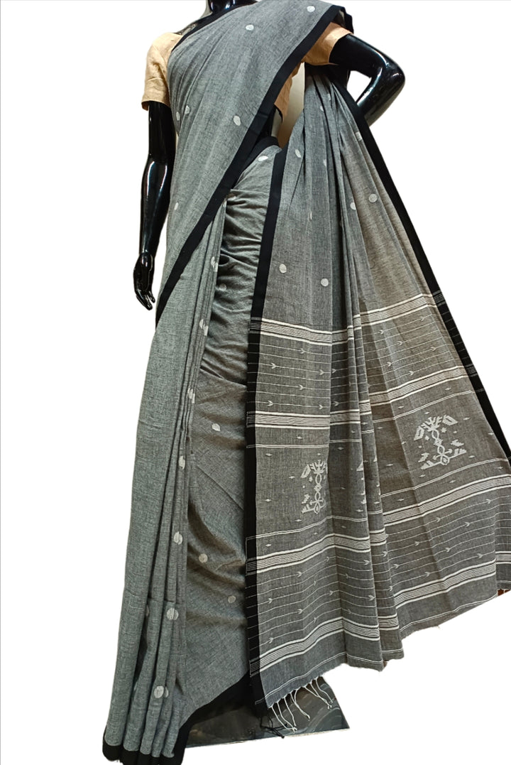 Grey Handloom Cotton, Handwoven Jamdani Saree Balaram Saha