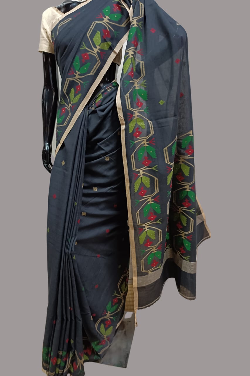 BLACK & MULTICOLORED HANDSPUN COTTON JAMDANI SAREE Balaram Saha