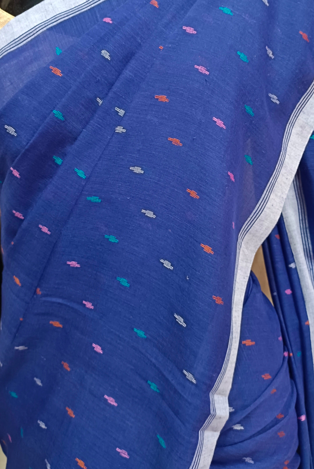 (Mauves Blue) Handspun Handwoven Cotton Jamdani Saree Balaram Saha