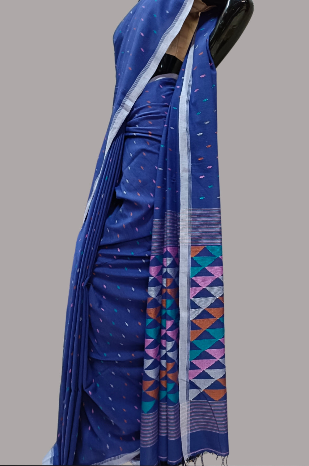 (Mauves Blue) Handspun Handwoven Cotton Jamdani Saree Balaram Saha