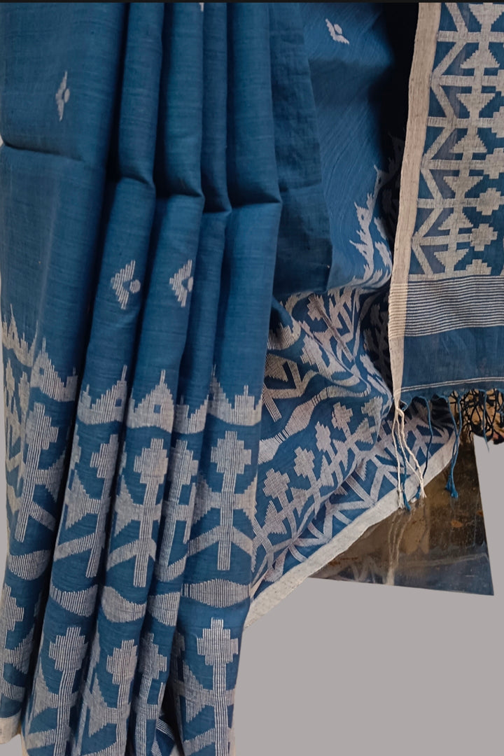 Indigo & White Handspun Handwoven Cotton Dhakai Jamdani Saree Balaram Saha