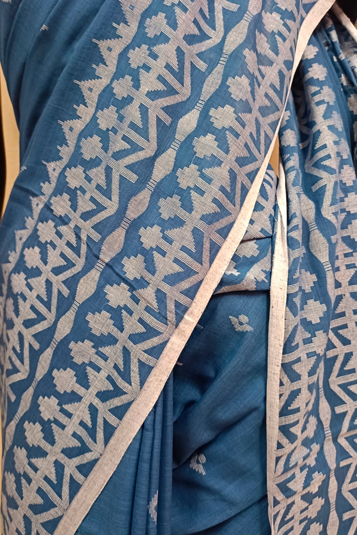 Indigo & White Handspun Handwoven Cotton Dhakai Jamdani Saree Balaram Saha