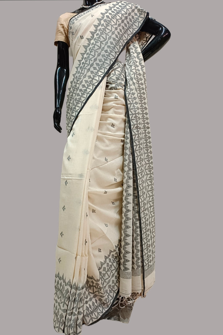 WHite & Black Handspun Handwoven Cotton Dhakai Jamdani Saree Balaram Saha