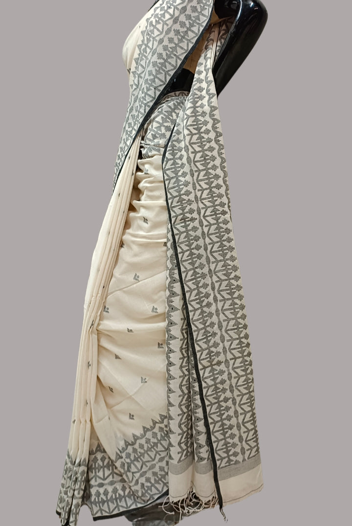 WHite & Black Handspun Handwoven Cotton Dhakai Jamdani Saree Balaram Saha
