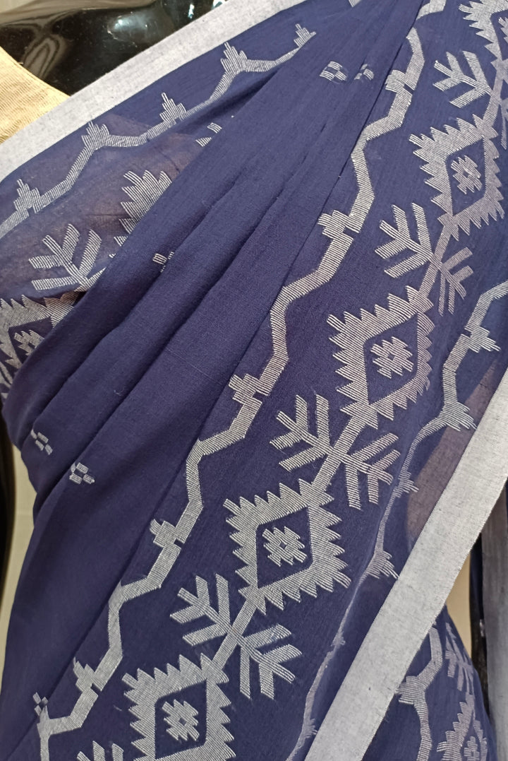 Handloom Handspun Handwoven Jamdani Saree (Indigo Blue) Balaram Saha