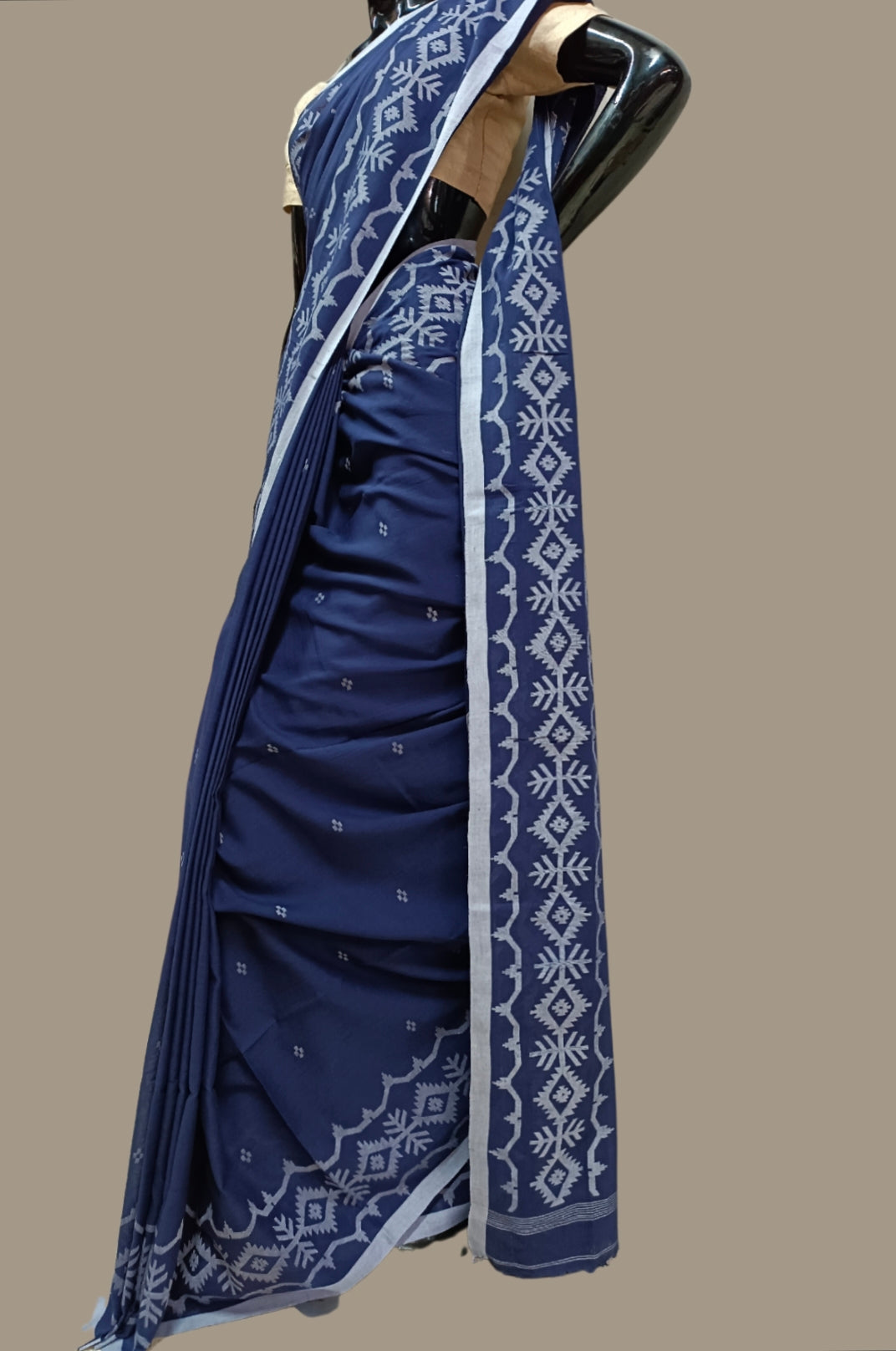 Handloom Handspun Handwoven Jamdani Saree (Indigo Blue) Balaram Saha