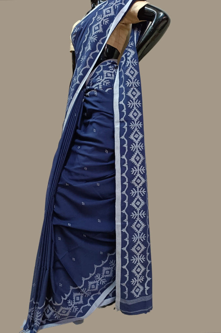 Handloom Handspun Handwoven Jamdani Saree (Indigo Blue) Balaram Saha