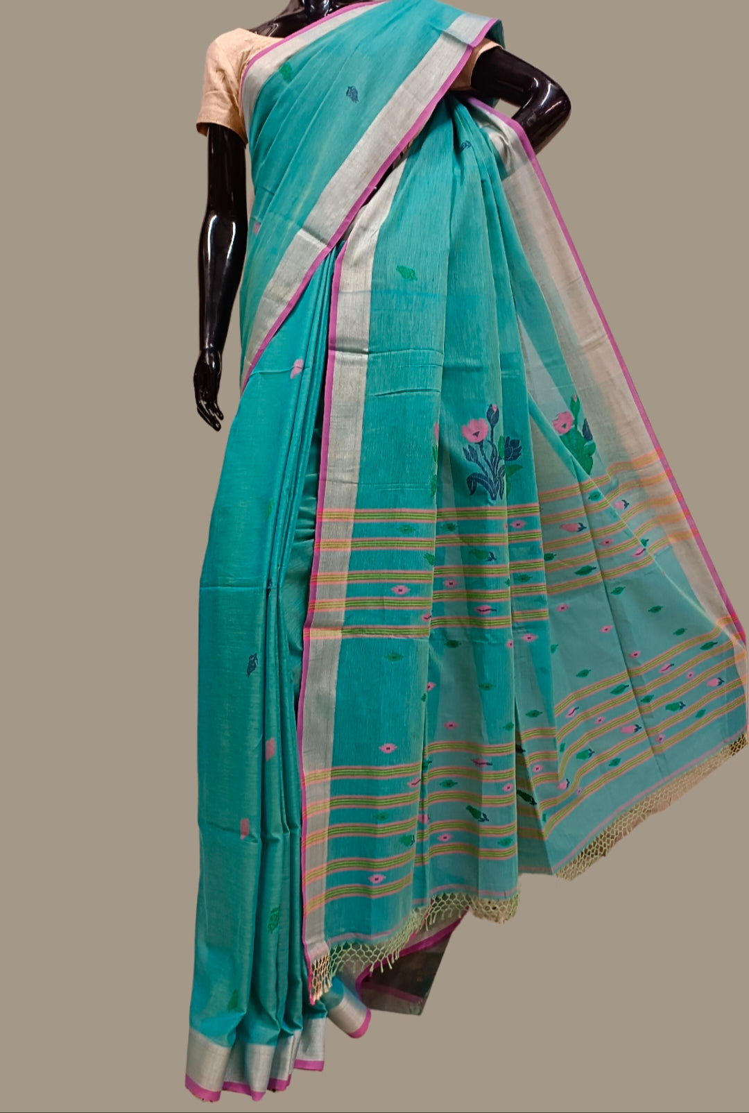 Sea Blue Handloom Fine Cotton Saree with Tussar Border Balaram Saha
