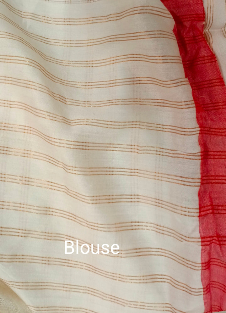 White & Red Matka Muslin Silk Jamdani Saree Balaram Saha