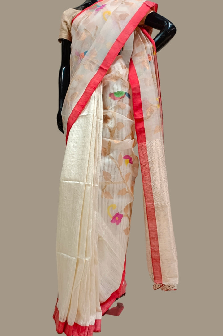 White & Red Matka Muslin Silk Jamdani Saree Balaram Saha