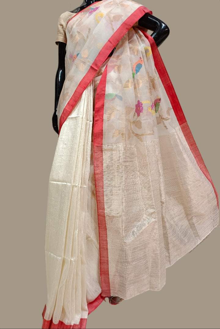 White & Red Matka Muslin Silk Jamdani Saree Balaram Saha