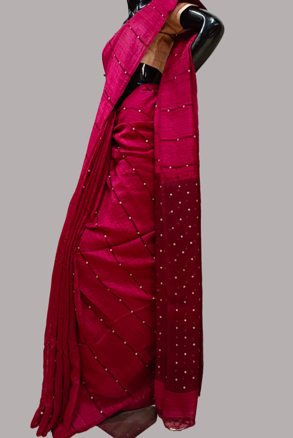 Maroon Handloom Matka Silk secquin Woven saree Balaram Saha