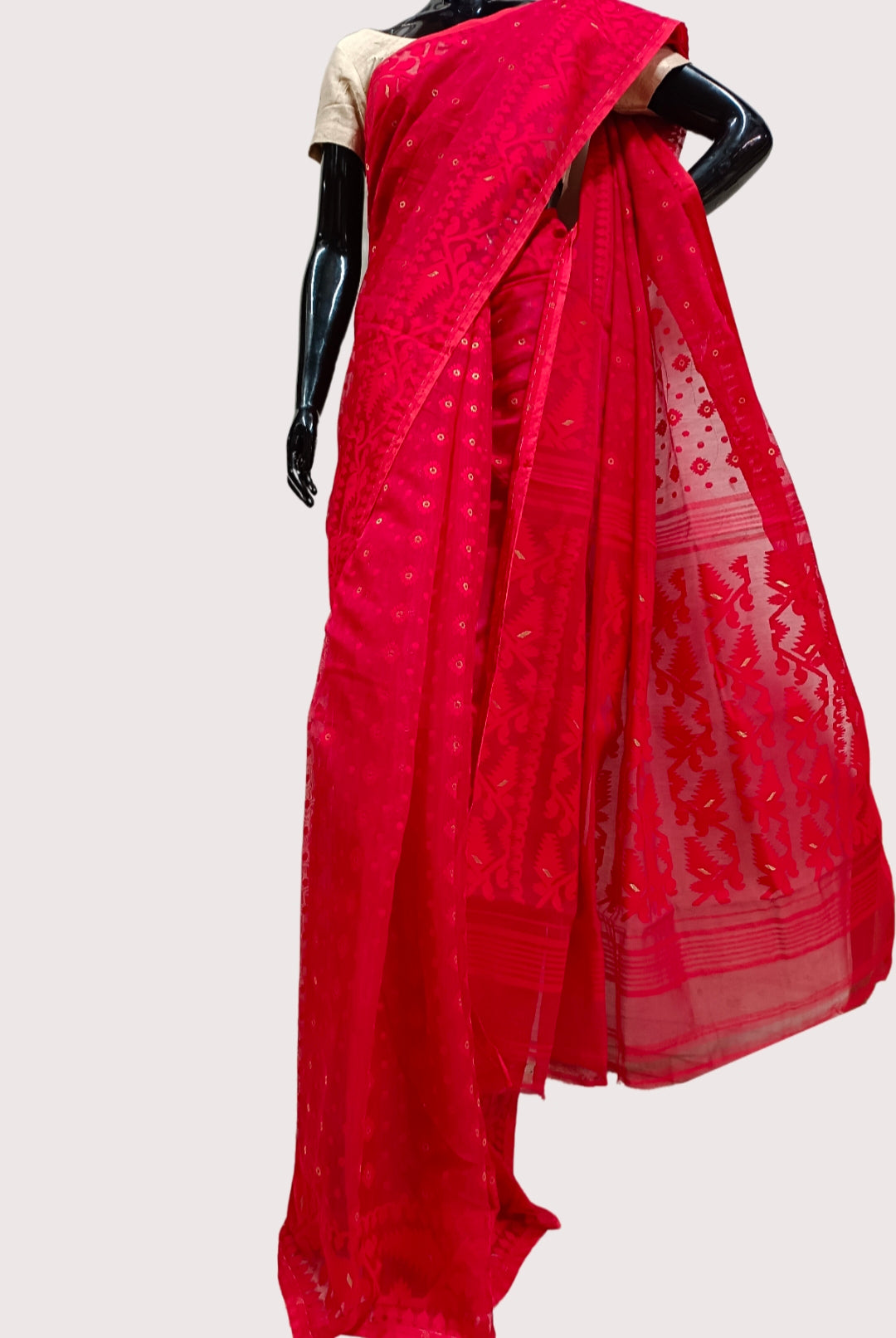 Red & Red Handloom Jacquard Dhakai Saree Balaram Saha