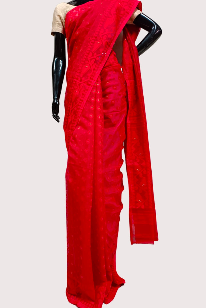 Red & Red Handloom Jacquard Dhakai Saree Balaram Saha